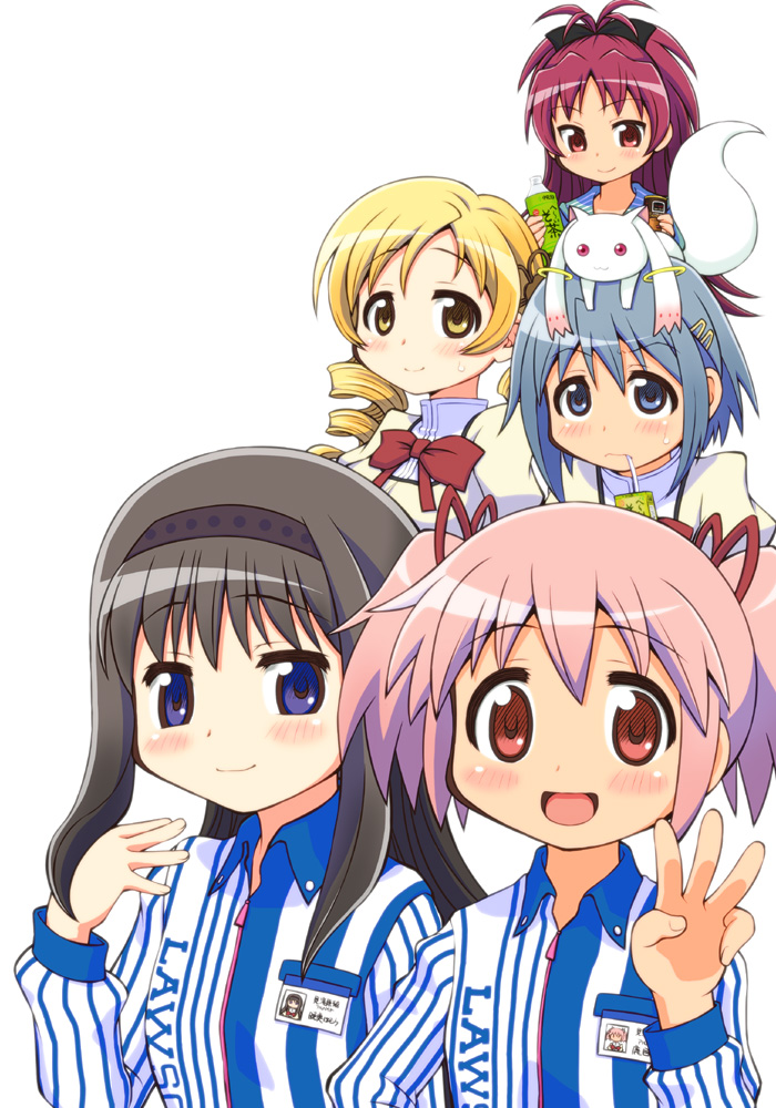 10s 5girls :3 akemi_homura animal animal_on_head black_hair blonde_hair blue_eyes blue_hair blush bow clerk drill_hair employee_uniform everyone hair_ribbon id_card juice_box kaname_madoka kyubey lawson long_hair mahou_shoujo_madoka_magica mahou_shoujo_madoka_magica_(anime) miki_sayaka multiple_girls on_head pink_eyes pink_hair red_eyes red_hair ribbon sakura_kyoko school_uniform short_hair tomoe_mami twin_drills twintails yuuki_akira