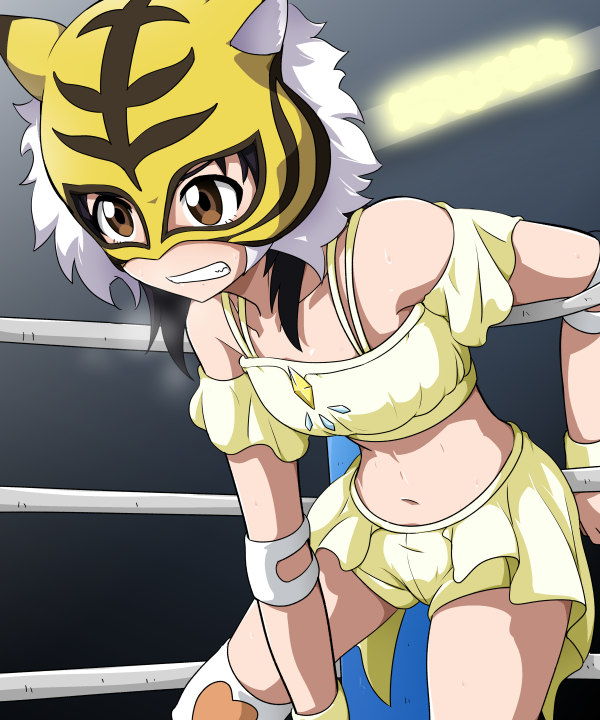 10s bare_shoulders bioroid_hei black_hair boots brown_eyes commentary_request elbow_pads mask midriff solo spring_tiger sweat takaoka_haruna tiger_mask_(series) tiger_mask_w wrestling_outfit wrestling_ring