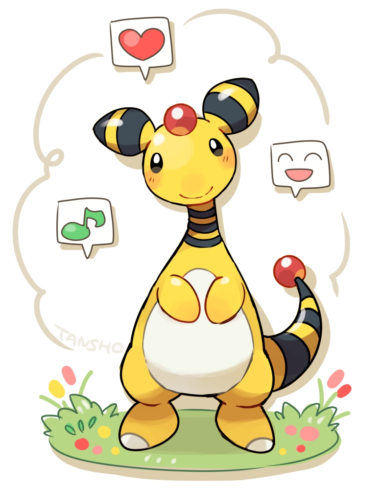 ampharos animal_focus bright_pupils closed_mouth colored_skin commentary_request forehead_jewel gem gen_2_pokemon heart musical_note nintendo no_humans on_grass pokemon pokemon_(creature) red_gemstone smile spoken_expression spoken_heart spoken_musical_note spoken_smile standing tail tansho white_background white_pupils yellow_skin
