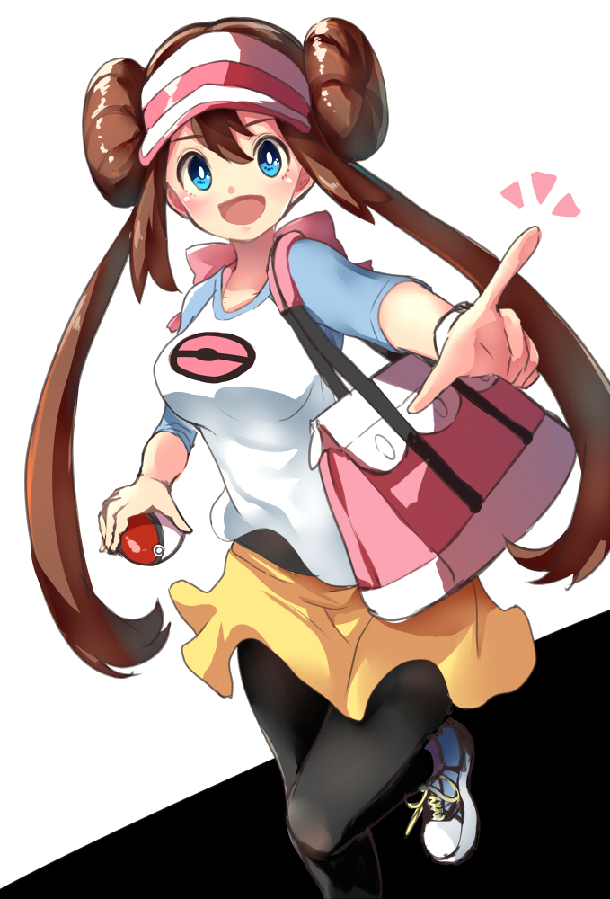 1girl bag black_pantyhose blue_eyes blush bow brown_hair commentary double_bun e-co female_focus hair_bun handbag holding holding_poke_ball long_hair looking_at_viewer nintendo open_mouth pantyhose pantyhose_under_shorts pink_bow pointing poke_ball poke_ball_(basic) pokemon pokemon_bw2 raglan_sleeves rosa_(pokemon) running shoes short_shorts shorts simple_background sketch smile sneakers solo twintails very_long_hair visor_cap yellow_shorts