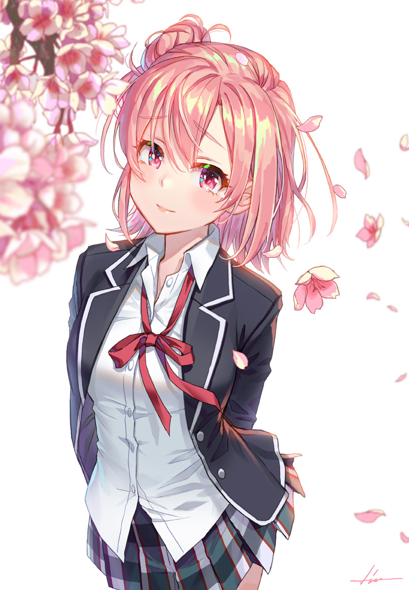 1girl arms_behind_back black_jacket blazer blush cherry_blossoms closed_mouth collared_shirt commentary_request cowboy_shot dress_shirt grey_skirt hair_bun jacket kws long_sleeves looking_at_viewer miniskirt neck_ribbon open_clothes open_jacket petals pink_hair pink_lips plaid_clothes plaid_skirt pleated_skirt purple_eyes red_ribbon ribbon school_uniform shirt short_hair side_bun single_hair_bun single_side_bun skirt smile sobu_high_school_uniform solo white_shirt yahari_ore_no_seishun_lovecome_wa_machigatteiru. yuigahama_yui