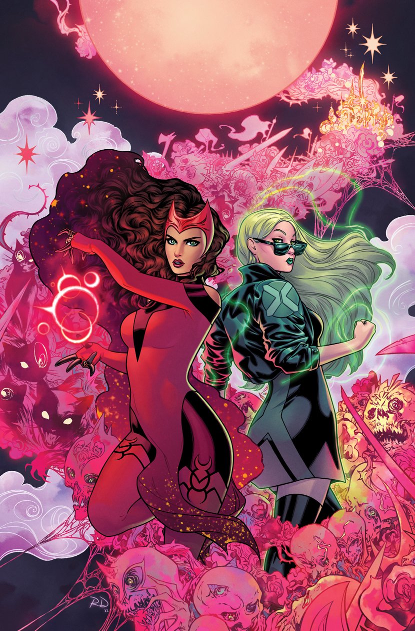 2girls black_bodysuit black_dress black_jacket black_thighhighs bodysuit brown_hair dress green_eyes green_hair green_lips highres jacket long_hair lorna_dane magic marvel multiple_girls open_clothes open_jacket pelvic_curtain polaris_(x-men) red_bodysuit russell_dauterman scarlet_witch sunglasses thighhighs two-tone_bodysuit wanda_maximoff x-men