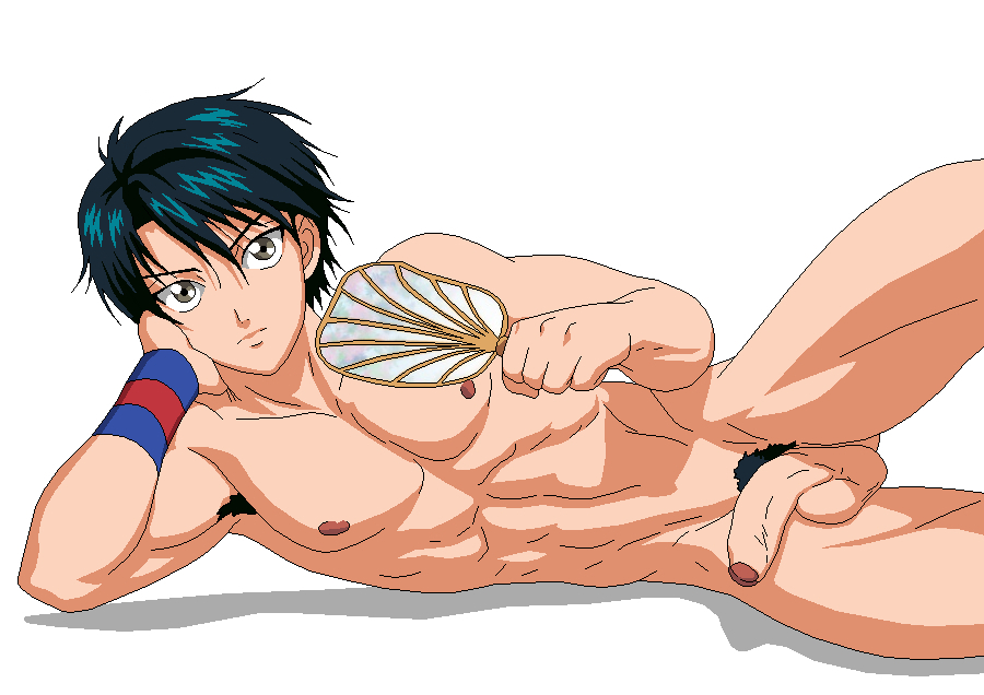 1boy abs black_hair brown_eyes echizen_ryooma hair_between_eyes legs male_focus nipples no nude ouji-sama penis sexyanimes tennis white_background yaoi