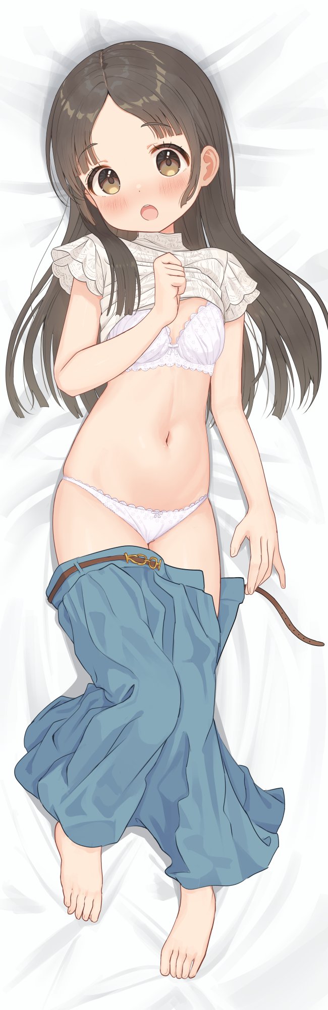 1girl :o barefoot bed_sheet blunt_bangs blunt_ends blush bra breasts brown_hair clothes_lift clothes_pull commentary_request dakimakura_(medium) full_body gakuen_idolmaster green_skirt highres idolmaster kuramoto_china long_hair looking_at_viewer lying mimikaki_(men_bow) navel on_back open_clothes open_skirt panties parted_bangs ribbon-trimmed_bra ribbon-trimmed_panties ribbon_trim shirt shirt_lift skirt skirt_pull small_breasts solo stomach straight_hair teeth toes underwear upper_teeth_only white_bra white_panties white_shirt