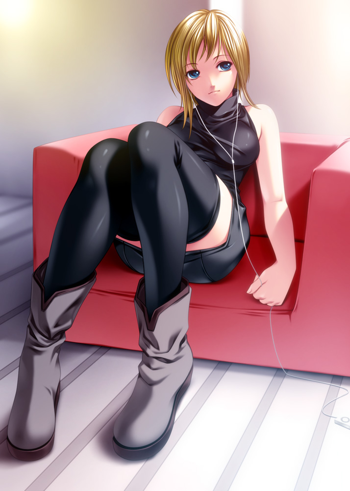 1girl bad_id bad_pixiv_id bare_shoulders blonde_hair blue_eyes boots digital_media_player earphones female_focus ipod legs long_legs original rezi short_hair sitting skirt solo thighhighs zettai_ryouiki