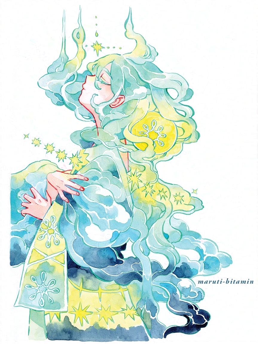 1boy androgynous aqua_clouds aqua_hair aqua_robe artist_name blue_clouds blue_robe blue_skirt border closed_eyes closed_mouth cloud cloud_clothes cloud_hair colored_eyelashes commentary english_commentary glowing head_back limited_palette long_hair long_sleeves male_focus maruti_bitamin original painting_(medium) print_robe print_scarf profile robe scarf simple_background skirt solo standing star_(sky) star_(symbol) star_print traditional_media upper_body watercolor_(medium) white_background white_border yellow_light