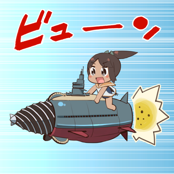 1girl aircraft_artillery artillery atragon battleship brown_hair chopsticks crossover cruiser_submarine female_focus flying flying_submarine godzilla_(series) gotengo i-401_(kancolle) kaitei_gunkan_(tokusatsu) kantai_collection military military_vehicle motion_lines naval_artillery one-piece_swimsuit parody ponytail school_swimsuit shiden_(sashimi_no_wife) ship ship_turret short_hair solo subterrene swimsuit swimsuit_under_clothes toho vtol warship watercraft zero_cannon