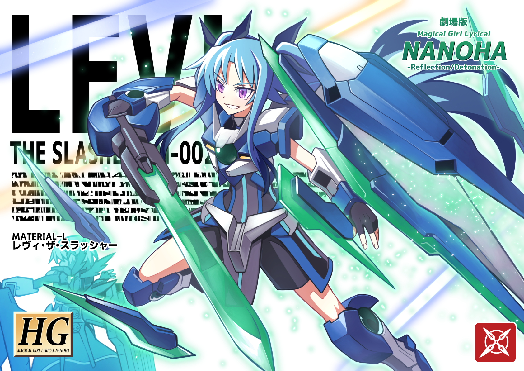 2girls black_gloves blue_hair character_name character_request copyright_name crossover eyelashes fingerless_gloves gloves gundam gundam_00 gundam_00_a_wakening_of_the_trailblazer hibun_tsukasa highres holding holding_sword holding_weapon levi_the_slasher light_particles long_hair lyrical_nanoha mahou_shoujo_lyrical_nanoha_detonation mecha_musume multiple_girls purple_eyes sword twintails weapon white_background