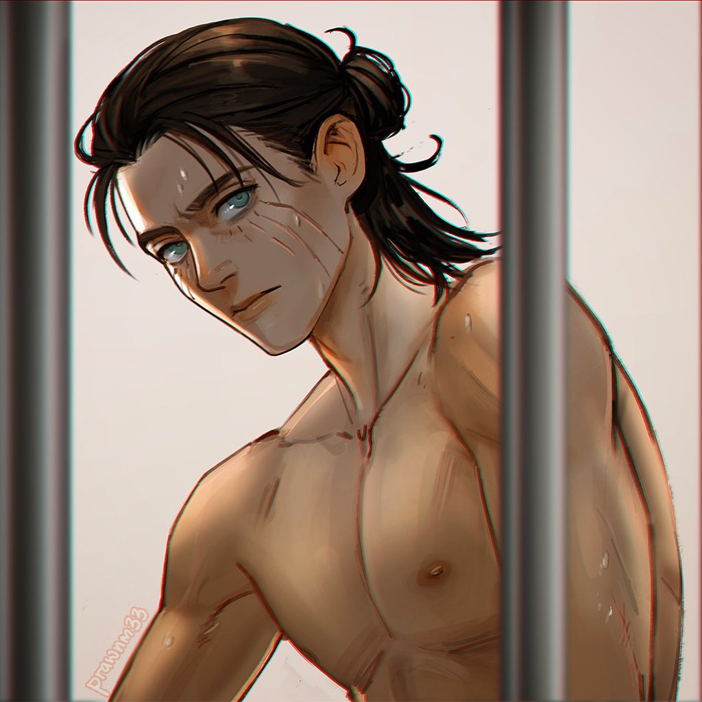 1boy brown_hair closed_mouth collarbone commentary english_commentary eren_yeager green_eyes hair_bun iron_bars looking_to_the_side male_focus mistermagnolia nipples nude pectorals scar shingeki_no_kyojin sideways_glance simple_background solo titan_shifter_scars upper_body