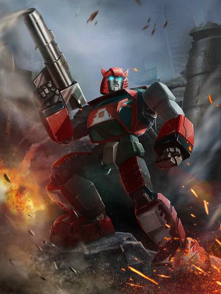 1boy artist_collaboration autobot blue_eyes clenched_hand clenched_teeth cliffjumper commentary dan_khanna english_commentary glowing glowing_eyes gun holding holding_gun holding_weapon horns looking_up mecha no_humans official_art robot solo teeth transformers transformers_legends weapon