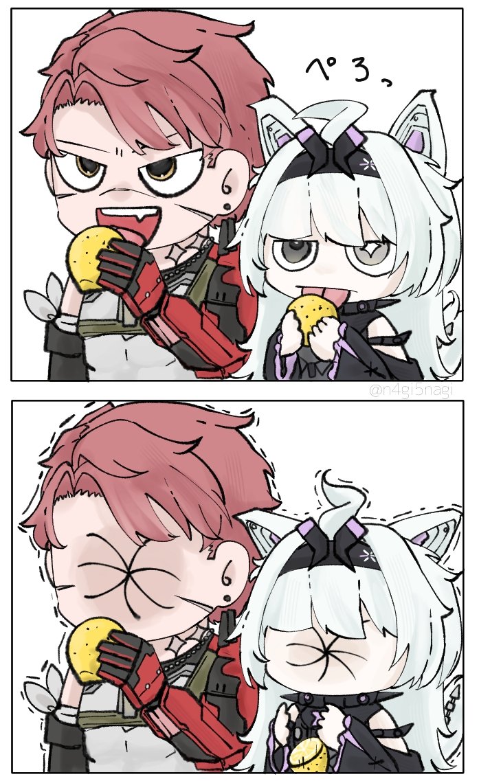 1boy 1girl ahoge anatomical_nonsense animal_ears black_bodysuit black_hairband bodysuit chibi commentary_request cross-shaped_pupils cross_scar detached_sleeves ear_piercing facial_scar fang food fruit grey_eyes grey_hair hairband heterochromia holding holding_food holding_fruit lemon licking_lemon mechanical_arms mechanical_ears meme mismatched_pupils n4gi5nagi no._21:_feral_scent_(pgr) no._21_(pgr) noctis_(pgr) open_mouth orange_eyes piercing punishing:_gray_raven red_hair scar scar_on_cheek scar_on_face scar_on_neck scar_on_nose single_mechanical_arm sour_(taste) symbol-shaped_pupils thour_(meme) tongue tongue_out wolf_ears