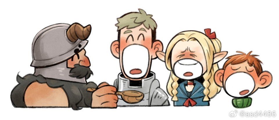 1girl 3boys ^_^ asd4486 beard brown_hair chilchuck_tims closed_eyes cropped_torso dungeon_meshi dwarf facial_hair fake_horns feeding happy helmet holding holding_spoon horned_helmet horns laios_touden long_beard marcille_donato multiple_boys mustache official_style profile senshi_(dungeon_meshi) spoon thick_mustache toon_(style) very_long_beard white_background