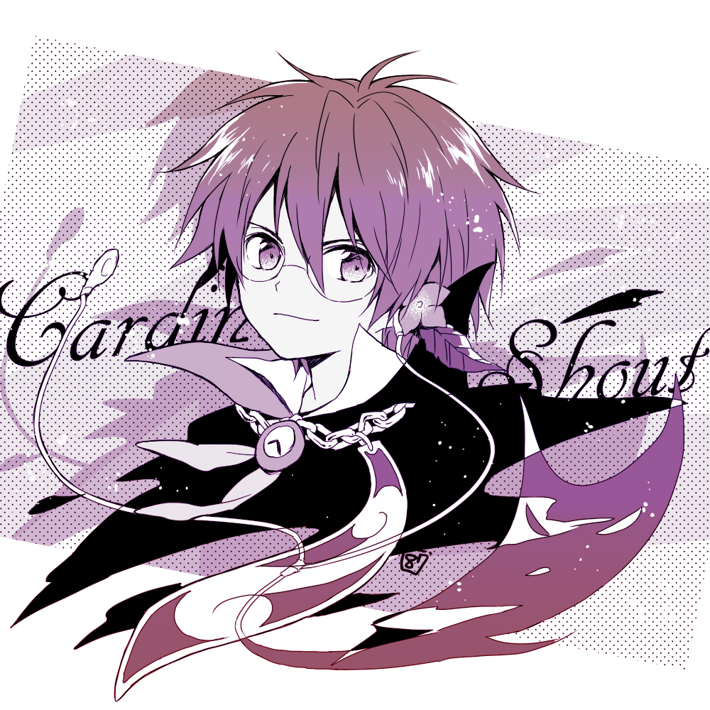 1boy cape chain clock closed_mouth cropped_torso earbuds earphones english_text flower glasses hair_between_eyes hana_(mew) klug_(puyopuyo) leaf light_particles looking_at_viewer male_focus monochrome purple_theme puyopuyo puyopuyo_fever short_hair solo strange_klug white_background