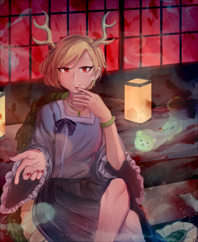 1girl antlers arms_up blonde_hair blue_skirt bracelet crossed_legs dragon_girl dragon_horns dragon_tail earrings female_focus fog grin hand_on_own_face hitodama horns jewelry khylimei kicchou_yachie lamp light_particles looking_at_viewer nail_polish necklace open_hand pleated_skirt red_eyes red_nails short_hair short_sleeves shouji sitting skirt sliding_doors smile solo swept_bangs tail touhou