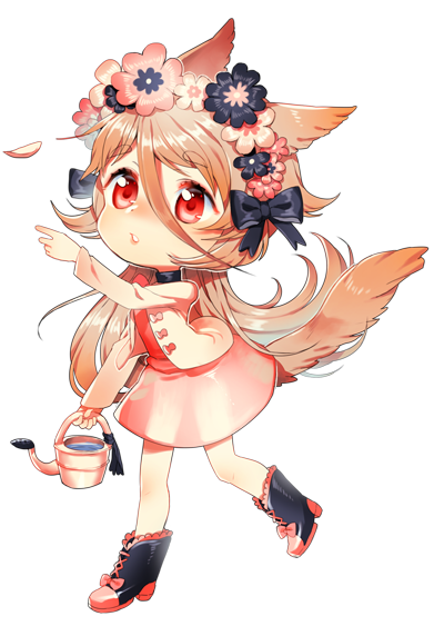 1girl animal_ears black_boots black_bow black_choker black_flower boots bow bow_button brown_hair chibi choker commentary commission english_commentary eyelashes eyeshadow flower footwear_bow fox_ears fox_tail full_body hair_between_eyes hair_bow head_wreath high_heel_boots high_heels holding holding_watering_can jacket lace-trimmed_boots lace_trim light_blush long_hair long_sleeves looking_ahead makeup miniskirt open_clothes open_jacket open_mouth original outstretched_arm petals pink_bow pink_flower pink_lips pink_skirt red_eyes red_eyeshadow red_shirt satchely shirt skirt solo tail transparent_background very_long_hair walking water watering_can white_flower white_jacket
