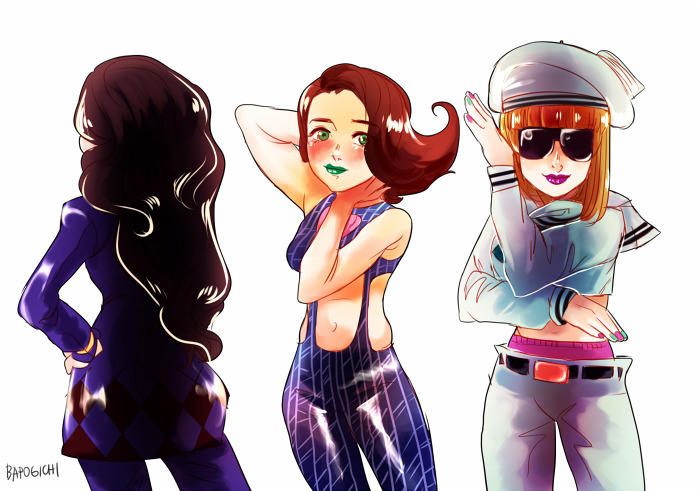 3girls back bapogichi blue_jacket breasts brown_hair cosplay dixie_cup_hat from_behind giorno&#039;s_mother giorno_giovanna giorno_giovanna_(cosplay) green_eyes green_lips hat higashikata_josuke_(jojolion) higashikata_josuke_(jojolion)_(cosplay) holly_joestar-kira jacket jojo_no_kimyou_na_bouken jojo_pose jojolion kuujou_jolyne kuujou_jolyne_(cosplay) long_hair mature_female medium_breasts medium_hair military_hat mrs._kuujou multiple_girls nail_polish navel pants purple_lips smile spider_web_print stone_ocean sunglasses vento_aureo