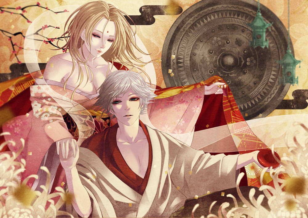 1boy 1girl blonde_hair blue_eyes cherry_blossoms cup egasumi flower grey_hair holding_hands japanese_clothes kamisama_hajimemashita kimono long_hair looking_at_another looking_at_viewer mizuki_(kamisama_hajimemashita) pink_kimono rikunaminato sakazuki short_hair spider_lily white_flower white_spider_lily yonomori_mitsuha