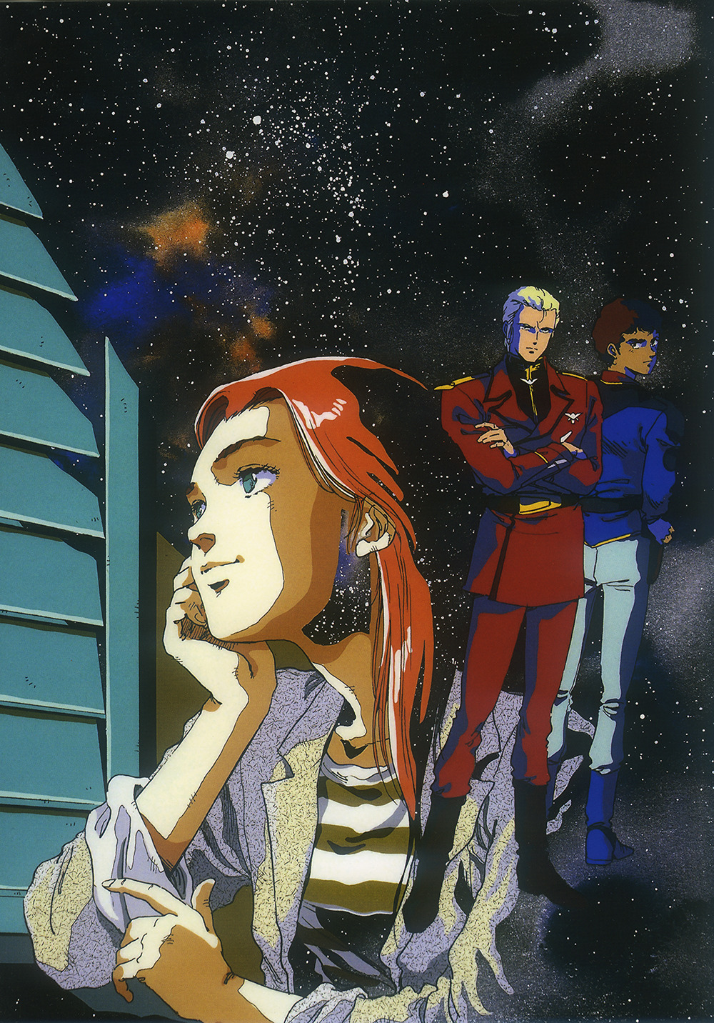 1980s_(style) 1girl 2boys amuro_ray blonde_hair blue_eyes boots char&#039;s_counterattack char_aznable christina_mackenzie crossed_arms gundam gundam_0080 highres jacket long_hair looking_at_viewer looking_back looking_to_the_side mikimoto_haruhiko military military_uniform milky_way multiple_boys nebula oldschool promotional_art red_hair retro_artstyle scan space star_(sky) star_(symbol) starry_sky_background traditional_media