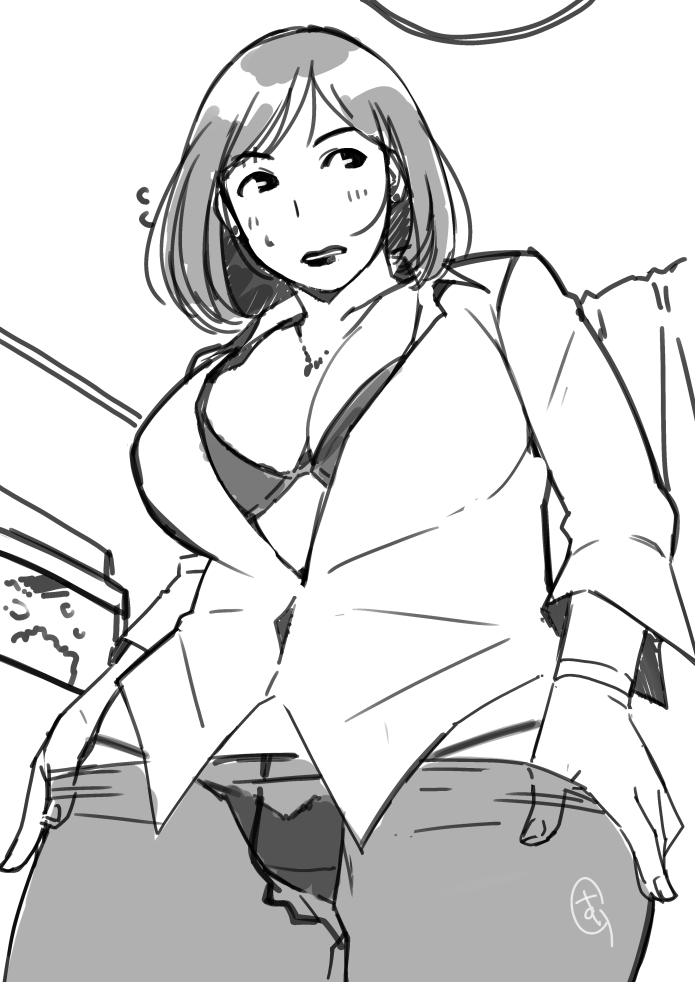 black_legwear blush bra breasts embarrassed ganto large_breasts lips mature_female monochrome panties plump see-through_clothes shirt short_hair shy_girl simple_background underwear