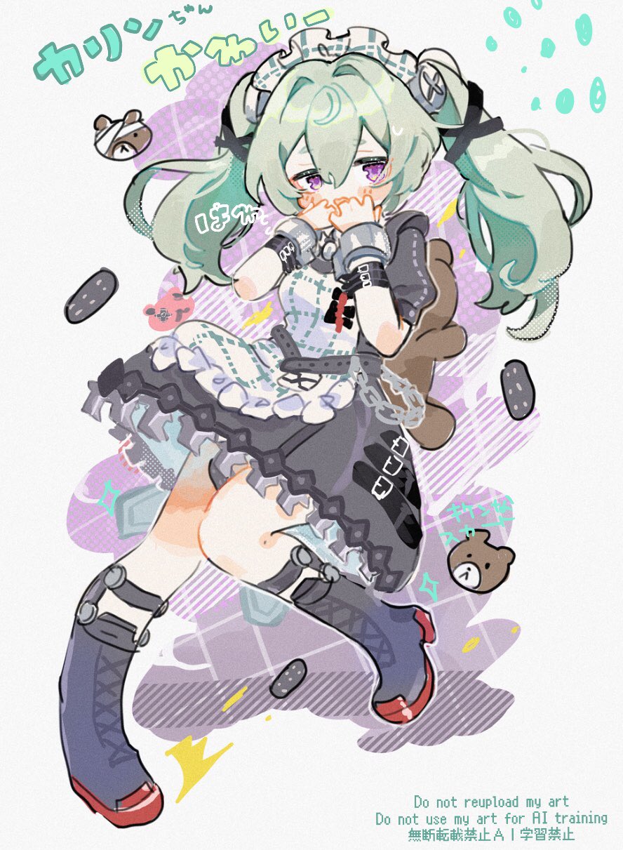 1girl apron black_boots black_dress boots corin_wickes dousanmai dress full_body green_hair hair_between_eyes hairband highres long_hair maid maid_apron maid_headdress metal_hairband purple_eyes screw_hair_ornament spiked_headband twintails white_apron zenless_zone_zero