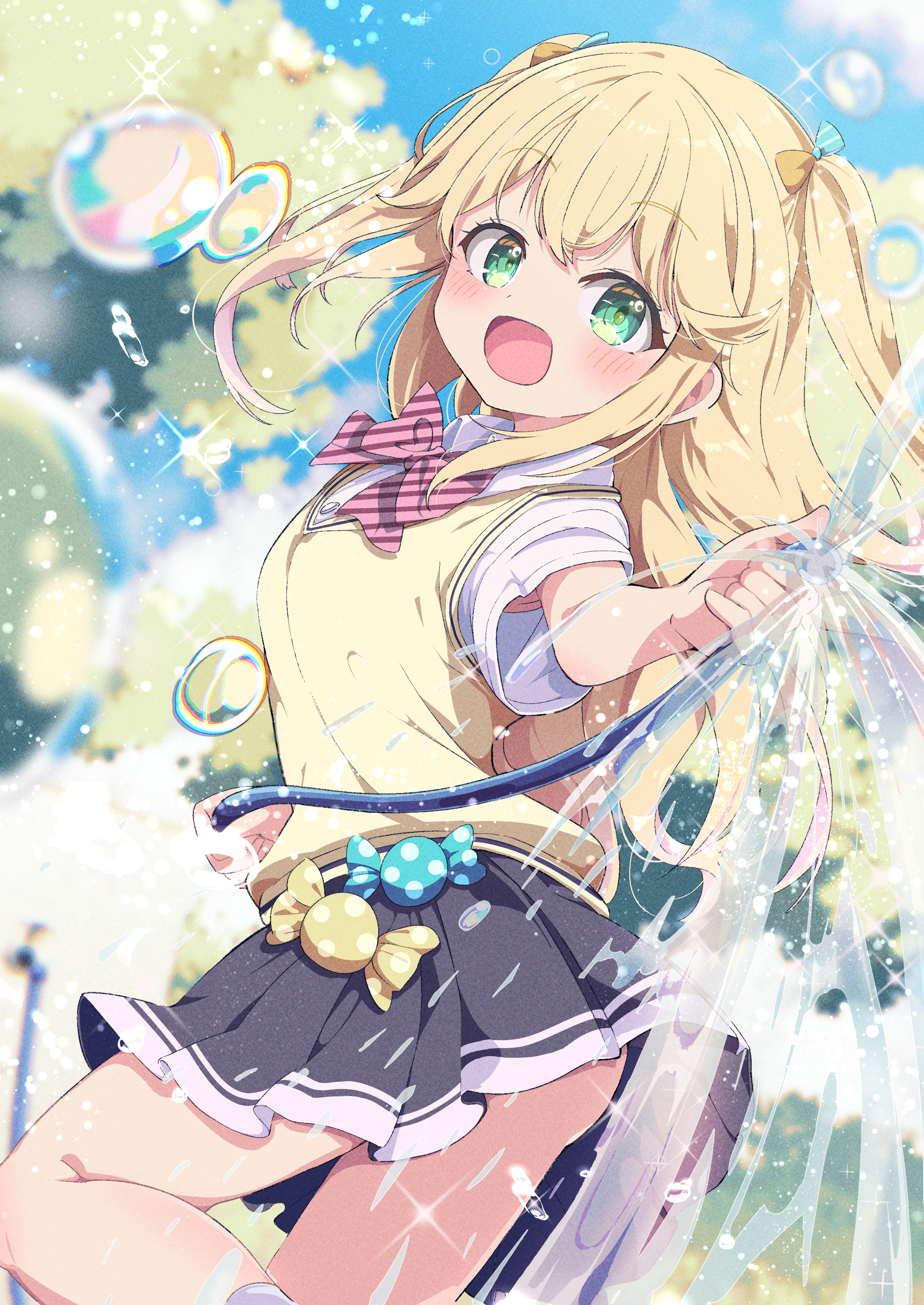 1girl :d absurdres black_skirt blonde_hair blue_sky blurry blurry_background blush bow breasts collared_shirt commission day depth_of_field diagonal-striped_bow fujisawa_yuzu green_eyes hair_between_eyes hair_bow highres holding holding_hose hose long_hair looking_at_viewer ongeki open_mouth outdoors pink_bow plaid_bow pleated_skirt red_bow school_uniform shiro9jira shirt short_sleeves skeb_commission skirt sky small_breasts smile socks solo standing standing_on_one_leg striped_bow sweater_vest two_side_up very_long_hair water water_drop white_shirt white_socks