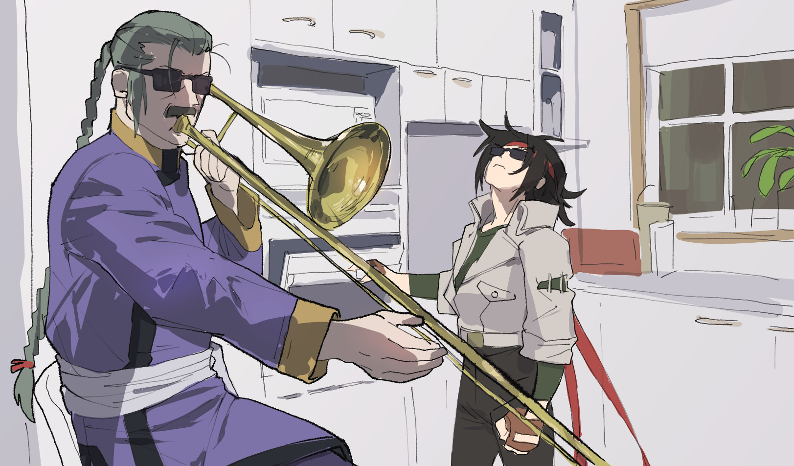 2boys bandana black_hair braid commentary domon_kasshu dougi english_commentary facial_hair g_gundam glasses gloves grey_hair gundam hairband headband highres indoors instrument jacket jam jewelry kitchen long_hair male_focus master_asia meme microwave multiple_boys music mustache old old_man aged_up parody playing_instrument scar serious shirt simple_background sunglasses tanakalma trumpet uniform window