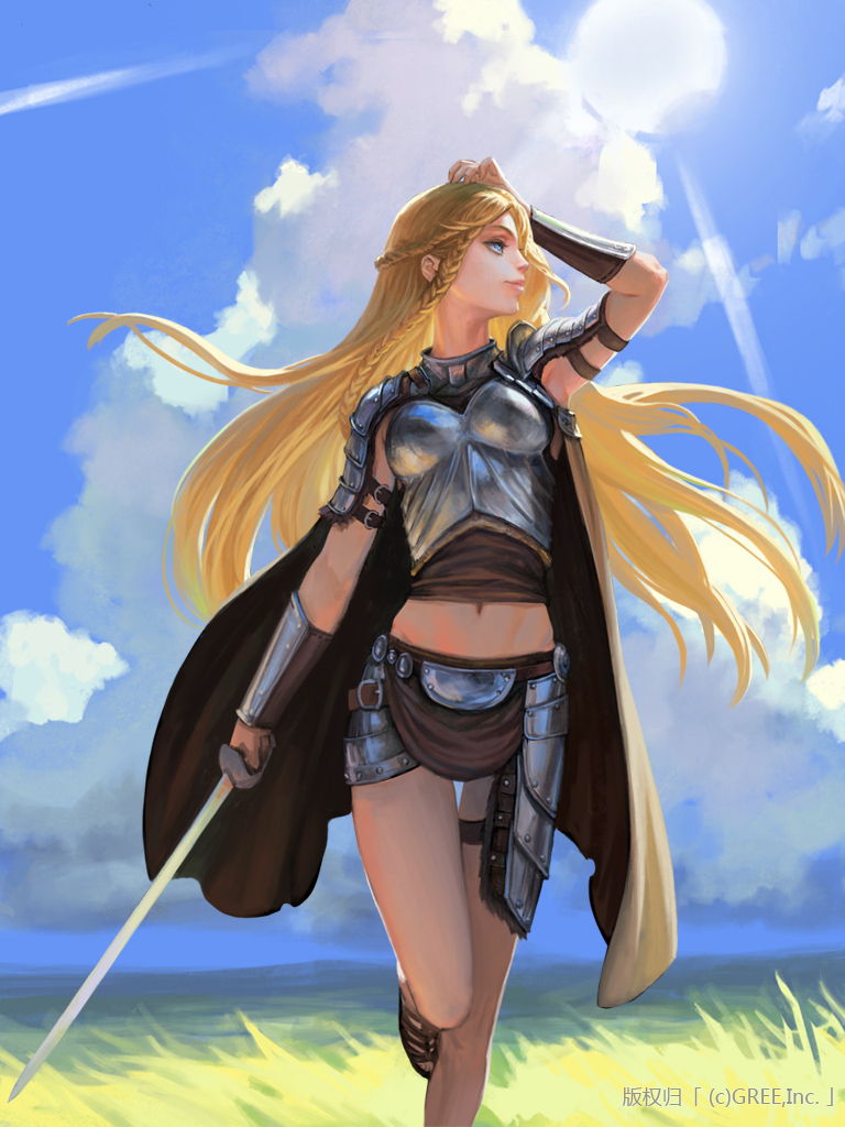 1girl arm_up armor blonde_hair blue_eyes braid cape cloud day female_focus grass long_hair midriff navel original sandals sky solo sun sword watermark weapon xiaji