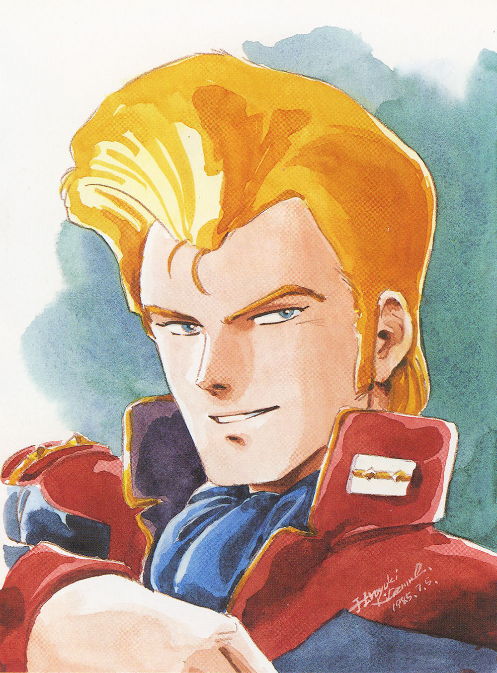 blonde_hair blue_eyes gundam highres jerid_messa kitazume_hiroyuki male_focus military military_uniform official_art solo zeta_gundam