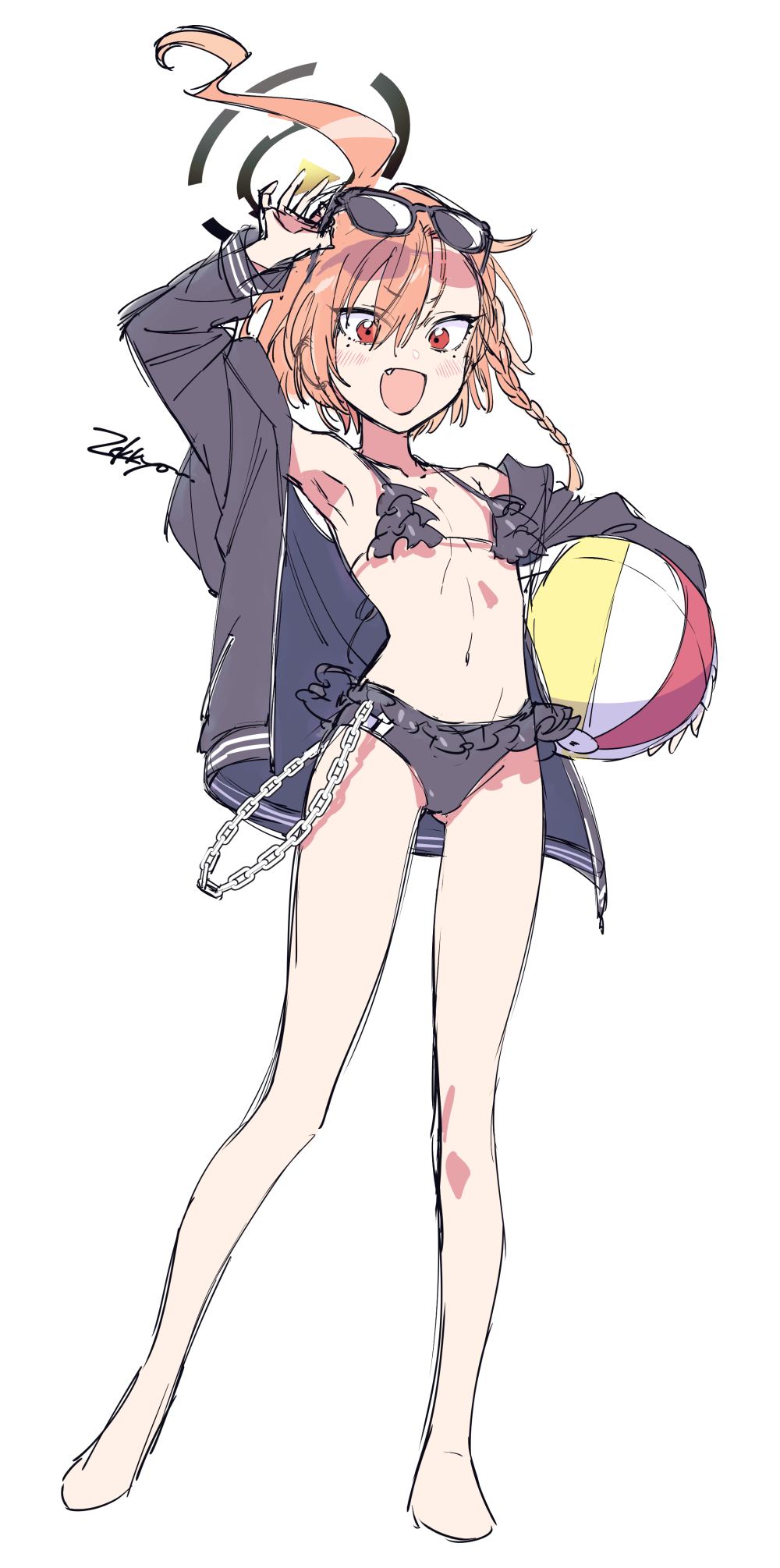 1girl :d ahoge arm_up ball bare_legs barefoot beachball bikini bikini_under_clothes black_bikini black_jacket blue_archive braid brown_hair carrying carrying_under_arm chain commentary_request eyewear_on_head fang frilled_bikini frills full_body hair_between_eyes highres hood hood_down hooded_jacket jacket mole_under_each_eye mole_under_eye multiple_moles neru_(blue_archive) neru_(swimsuit)_(blue_archive) open_clothes open_jacket open_mouth red_eyes signature simple_background single_braid smile solo standing sunglasses swimsuit white_background zekkyou_(h9s9)