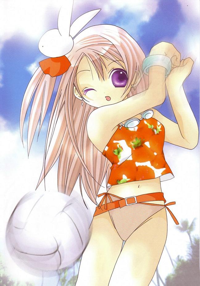 1girl ;o animal_ears ball belt belt_skirt bikini bracelet earrings female_focus hair_ornament jewelry jpeg_artifacts koge_donbo long_hair misha misha_(pita_ten) non-web_source official_art one_eye_closed pink_hair pita_ten purple_eyes rabbit_ears rabbit_hair_ornament solo swimsuit tankini volleyball volleyball_(object) wink