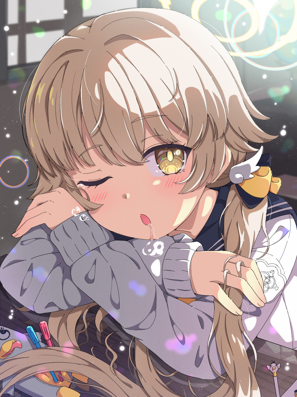1girl blue_archive brown_hair drooling hifumi_(blue_archive) highres long_sleeves mikoshi_(user_wvyd4348) one_eye_closed open_mouth saliva twintails waking_up yellow_eyes