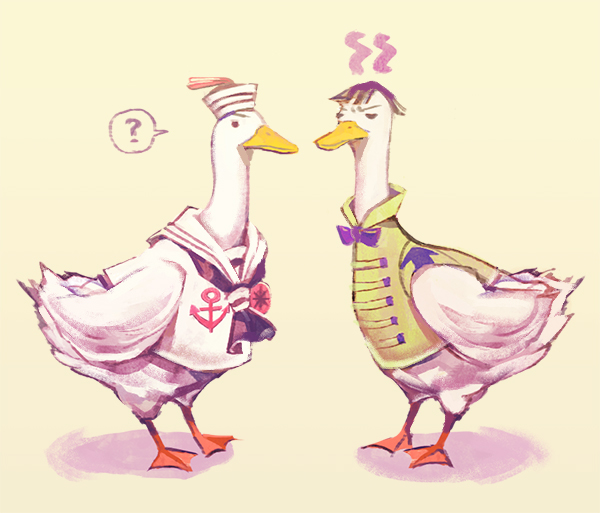 ? animal animal_focus animalization bird black_hair clothed_animal dixie_cup_hat duck gradient_background hat higashikata_joshu higashikata_josuke_(jojolion) jojo_no_kimyou_na_bouken jojolion military_hat no_humans sailor uko_(moi08)
