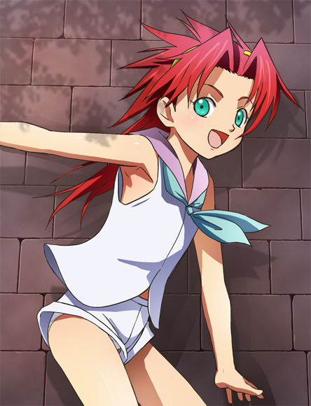 00s aqua_neckerchief armpits blouse eris_willamette gear_fighter_dendou gear_senshi_dendou green_eyes hairband haruyama_kazunori long_hair neckerchief panties red_hair shirt short_shorts shorts sleeveless sleeveless_shirt underwear upshorts white_shirt