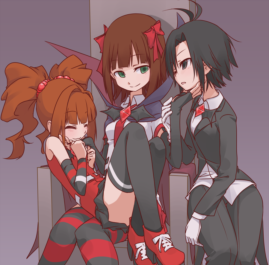 3girls :3 =_= amami_haruka antenna_hair black_eyes black_hair brown_hair closed_eyes ekusiregaia gloves green_eyes hair_bobbles hair_ornament hair_ribbon harustein idolmaster idolmaster_(classic) kikuchi_makoto mujin_gattai_kisaragi multiple_girls one_eye_closed open_mouth orange_hair ribbon sitting striped_legwear takatsuki_yayoi thighhighs throne twintails yuri