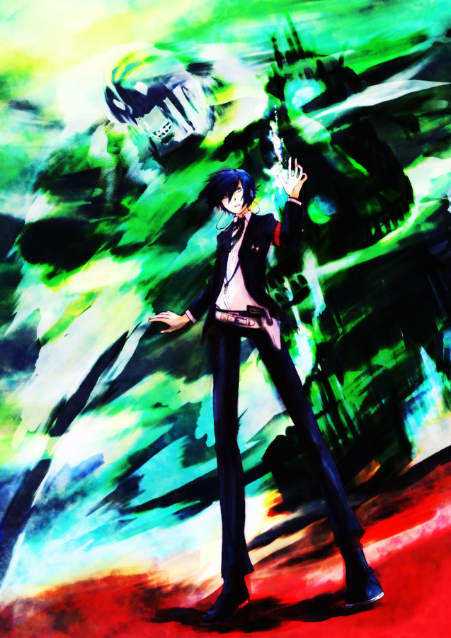 1boy armband atlus bad_id bad_pixiv_id blue_eyes blue_hair digital_media_player evoker gun headphones hishiya_(hige-ken) male_focus matching_hair/eyes persona persona_3 school_uniform shin_megami_tensei short_hair solo tartarus weapon yuuki_makoto_(persona_3)