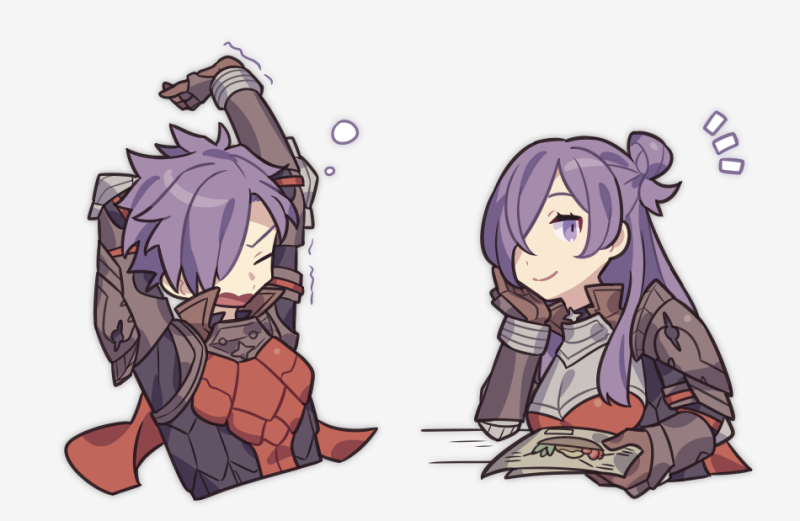 1boy 1girl arm_up breasts closed_eyes closed_mouth commentary eyelashes female_shez_(fire_emblem) fire_emblem fire_emblem:_three_houses fire_emblem_warriors:_three_hopes gauntlets haconeri hair_bun hair_over_one_eye head_rest holding holding_paper looking_at_viewer male_shez_(fire_emblem) nintendo notice_lines open_mouth paper purple_hair short_hair simple_background smile squeans stretching symbol-only_commentary white_background yawning