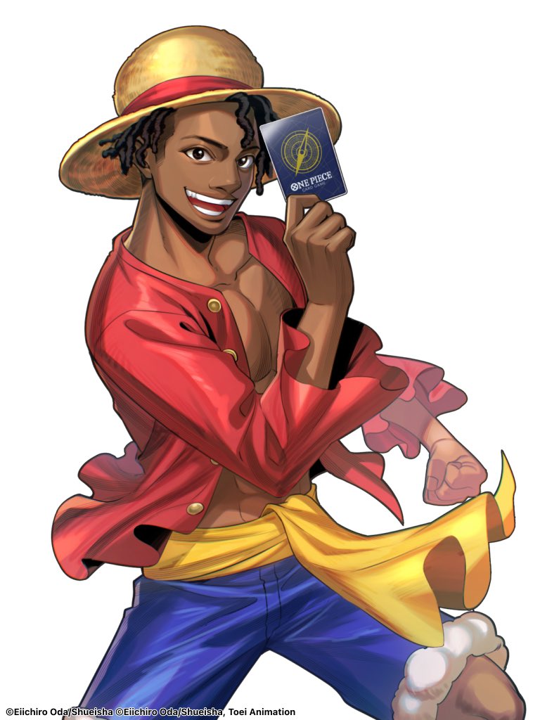 abs artist_request black_eyes black_hair black_outline blue_shorts buttons card clenched_hands commentary company_name copyright_notice cosplay cowboy_shot dark-skinned_male dark_skin denim denim_shorts english_commentary english_text fingernails happy hat holding holding_card ishowspeed jacket looking_at_viewer male_focus monkey_d._luffy monkey_d._luffy_(cosplay) nose official_art one_piece one_piece_card_game open_clothes open_jacket open_mouth outline pectorals playing_card puffy-trimmed_shorts red_jacket red_sleeves sash second-party_source shorts simple_background straw_hat teeth white_background wide_sleeves yellow_hat yellow_sash
