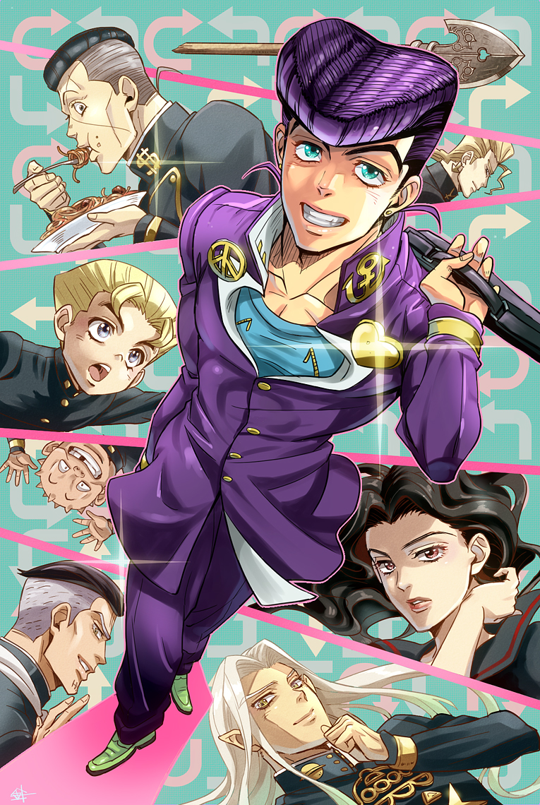 1girl 6+boys anchor_symbol arrow_(jojo) arrow_(projectile) bag black_hair blonde_hair blue_eyes bookbag earrings eating food food_on_face fungami_yuya gakuran green_eyes grey_hair grin hariyama_(toubou_tengoku) hazekura_mikitaka heart higashikata_josuke hirose_koichi jewelry jojo_no_kimyou_na_bouken long_hair meatball missing_tooth multicolored_hair multiple_boys nijimura_keicho nijimura_okuyasu open_mouth pasta peace_symbol plate pointy_ears pompadour purple_hair red_eyes school_uniform serafuku smile smug spaghetti two-tone_hair white_hair yamagishi_yukako yangu_shigekiyo yellow_eyes zipper
