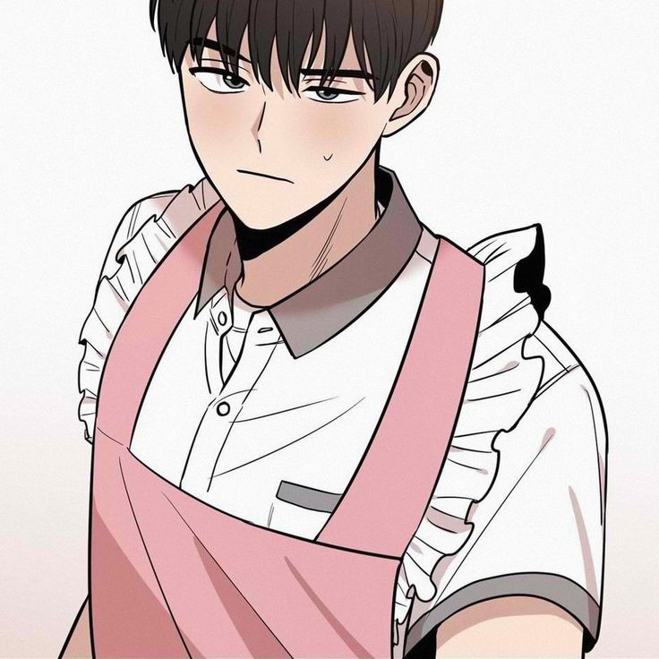 1boy apron black_hair blush dokyung_cha grey_eyes maid_apron nervous shirt source_request vampire_heart white_shirt