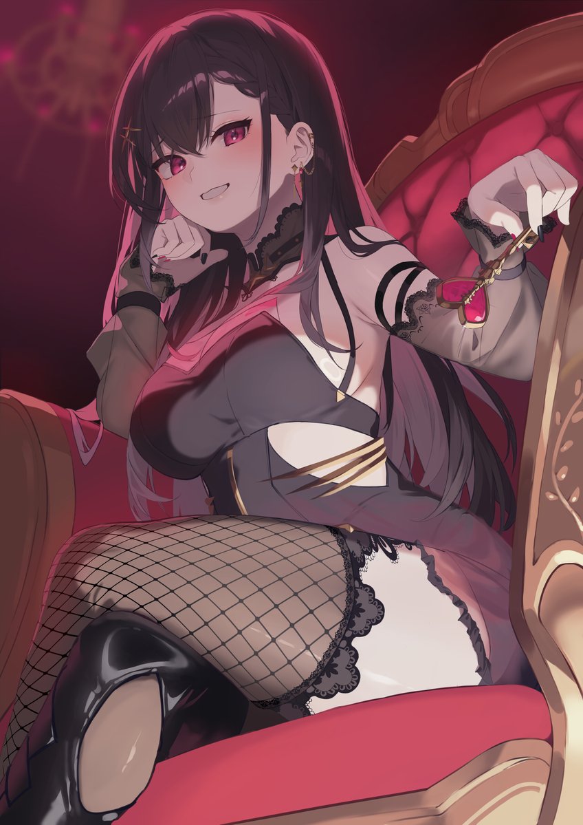 1girl arm_strap armchair bare_shoulders black_dress black_hair black_nails braid braided_bangs breasts brown_pantyhose brown_sleeves brown_thighhighs chair colored_inner_hair commentary commission crossed_legs detached_sleeves dress ear_chain ear_piercing earrings fishnet_thighhighs fishnets gradient_clothes gradient_dress grey_hair grin halter_dress halterneck holding holding_key jewelry key komito_(komito5310) kuroha_arya lace lace-trimmed_collar lace-trimmed_thighhighs lace_collar lace_trim large_breasts long_hair long_sleeves looking_at_viewer multicolored_hair multicolored_nails pantyhose piercing pink_eyes purple_dress red_nails see-through_clothes see-through_dress_layer see-through_sleeves sideboob sideless_dress single_fishnet_legwear single_leg_pantyhose single_thighhigh sitting skeb_commission smile solo thighhighs thighs virtual_youtuber vspo! vspo!_en