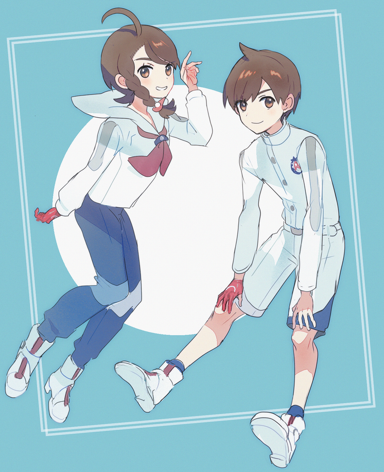 1boy 1girl ahoge blue_pants blue_socks boots braid brown_eyes brown_hair buttons collared_shirt commentary_request eyelashes florian_(pokemon) gloves grin hand_up jacket juliana_(pokemon) knees mxkjxm_(nhss2337) nintendo pants pokemon pokemon_sv red_gloves shirt shoes short_hair shorts single_glove smile socks teeth v white_footwear white_jacket white_shirt white_shorts