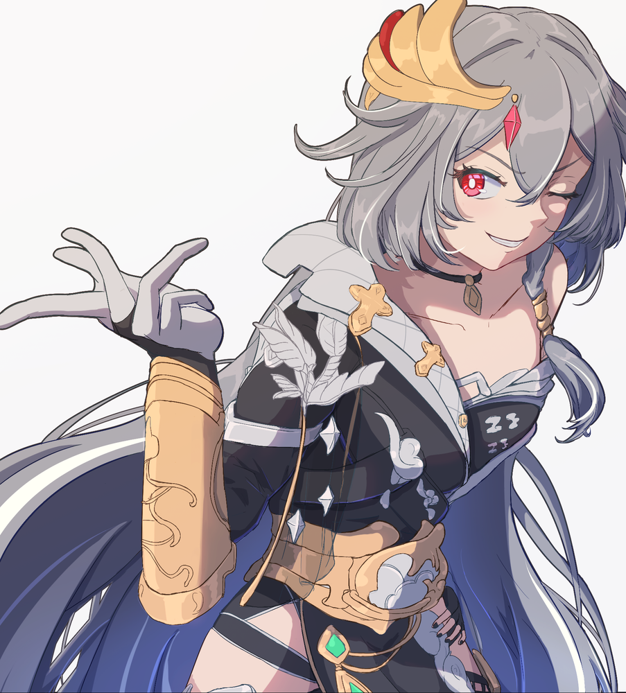 1girl ;d black_choker black_dress black_hair china_dress chinese_clothes choker dress fopasu gloves grin hair_ornament herrscher_of_sentience honkai_(series) honkai_impact_3rd long_hair looking_at_viewer one_eye_closed open_mouth simple_background smile solo teeth very_long_hair white_background white_gloves