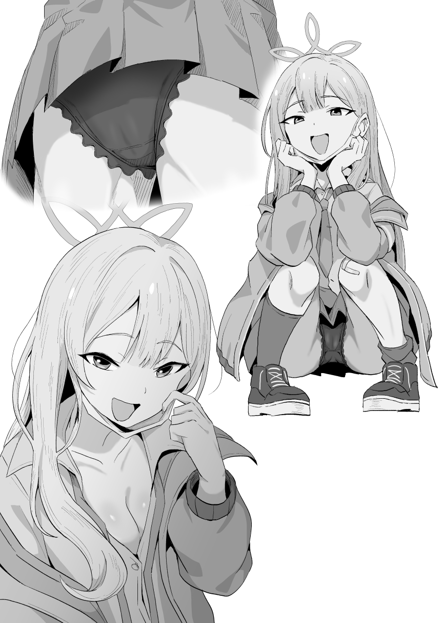 1girl bandaid bandaid_on_knee bandaid_on_leg black_panties blue_archive breasts cameltoe greyscale halo highres jacket konoka_(blue_archive) mask monochrome mouth_mask necktie open_mouth panties po_(podi_mahattaya) shoes socks solo squatting surgical_mask underwear