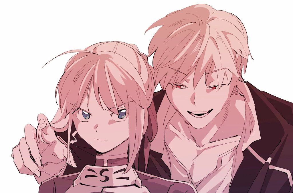 1boy 1girl armor artoria_pendragon_(fate) blue_eyes braid commentary_request duck11_rp fate/stay_night fate_(series) gilgamesh_(fate) gilgamesh_(immoral_biker_jacket)_(fate) hair_ribbon half-closed_eyes hand_in_another&#039;s_hair height_difference open_mouth red_eyes ribbon saber_(fate) sepia smile spot_color v-shaped_eyebrows