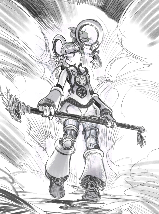 10s 1girl chinese_clothes detached_sleeves dragon_kid female_focus hat huang_baoling monochrome saskia_gutekunst short_hair shorts smile smoke solo staff superhero_costume thighhighs tiger_&amp;_bunny