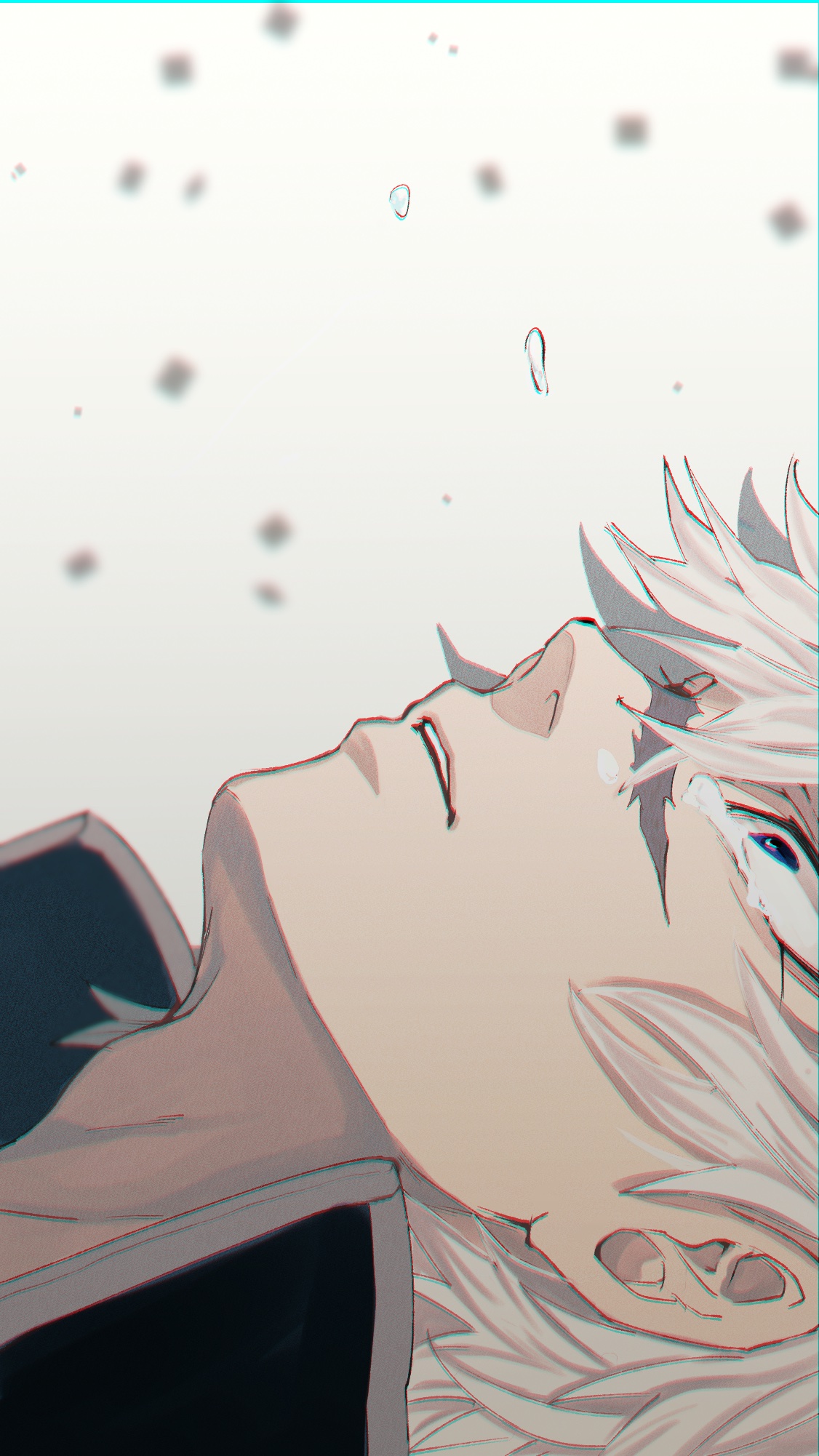 1boy 4771hchyya adam's_apple blue_eyes blurry chromatic_aberration crying demon_slayer_uniform depth_of_field dust falling floating_tears from_side grey_hair highres kimetsu_no_yaiba looking_away male_focus motion_blur parted_lips portrait profile sad scar scar_on_chest scar_on_face scar_on_forehead shinazugawa_sanemi short_hair solo tears white_hair