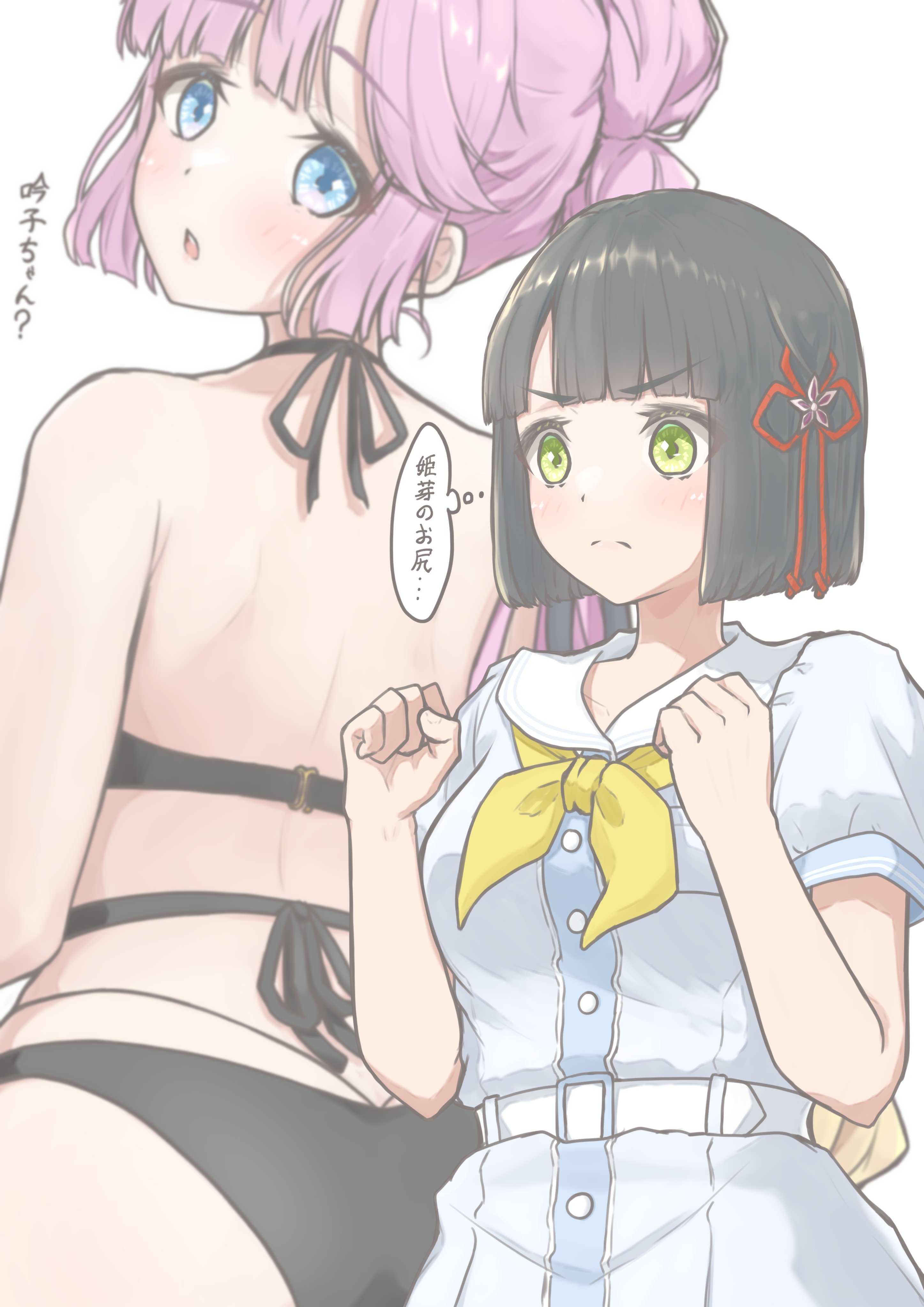 &gt;:( 2girls absurdres alternate_costume anyoji_hime ass back bikini black_bikini blue_dress blue_eyes blunt_bangs blunt_ends blush bob_cut breast_pocket clenched_hands closed_mouth commentary_request dress flower flower_knot frown green_eyes hair_flower hair_ornament halterneck hasu_no_sora_school_uniform highres link!_like!_love_live! lone_nape_hair love_live! median_furrow momose_ginko multi-strapped_bikini_bottom multiple_girls neckerchief pink_hair pleated_dress pocket puffy_short_sleeves puffy_sleeves sailor_collar sailor_dress school_uniform short_hair short_sleeves shoulder_blades speech_bubble split_mouth string_bikini summer_uniform swimsuit thought_bubble translation_request v-shaped_eyebrows virtual_youtuber white_background white_sailor_collar yellow_neckerchief zacuro