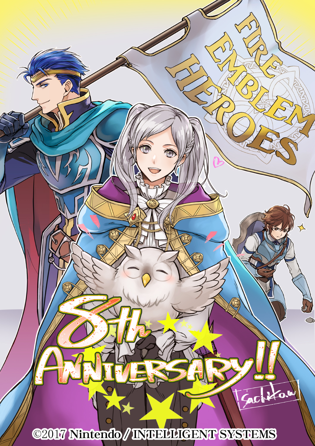 1girl 2boys anniversary armor artist_name bird blue_cape blue_eyes blue_hair brown_hair cape cloak cosplay eliwood_(fire_emblem) eliwood_(fire_emblem)_(cosplay) feh_(fire_emblem_heroes) female_robin_(fire_emblem) fire_emblem fire_emblem:_the_blazing_blade fire_emblem_awakening fire_emblem_heroes flag frederick_(child)_(fire_emblem) frederick_(fire_emblem) hair_slicked_back hector_(fire_emblem) hector_(steel_warrior)_(fire_emblem) highres holding holding_flag hood hooded_cloak looking_at_viewer multiple_boys nintendo official_alternate_costume official_art owl pebble purple_eyes female_robin_(exalt&#039;s_right_hand)_(fire_emblem) smile twintails wada_sachiko white_background
