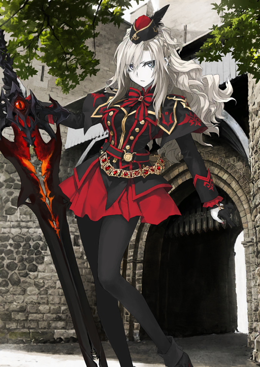 1girl arm_at_side balmung_kriemhild_(fate) belt black_belt black_boots black_gloves black_hat black_jacket black_pantyhose blue_eyes boots bow bowtie braid breasts buttons closed_mouth crown_braid curtained_hair double-breasted fate/grand_order fate_(series) feet_out_of_frame fingernails frown game_cg garrison_cap gloves hair_over_one_eye half_gloves hand_up hat hat_feather high_collar holding holding_sword holding_weapon jacket knees_together_feet_apart konoe_ototsugu kriemhild_(fate) kriemhild_(second_ascension)_(fate) large_breasts long_hair long_sidelocks long_sleeves looking_at_viewer mini_hat miniskirt mole mole_under_eye official_art outstretched_arm pale_skin pantyhose parted_bangs partially_fingerless_gloves ponytail_with_braided_base red_bow red_bowtie red_hat red_nails red_skirt sidelocks skirt sleeve_cuffs solo standing swept_bangs sword third-party_source v-shaped_eyebrows variant_set weapon white_hair wide_ponytail