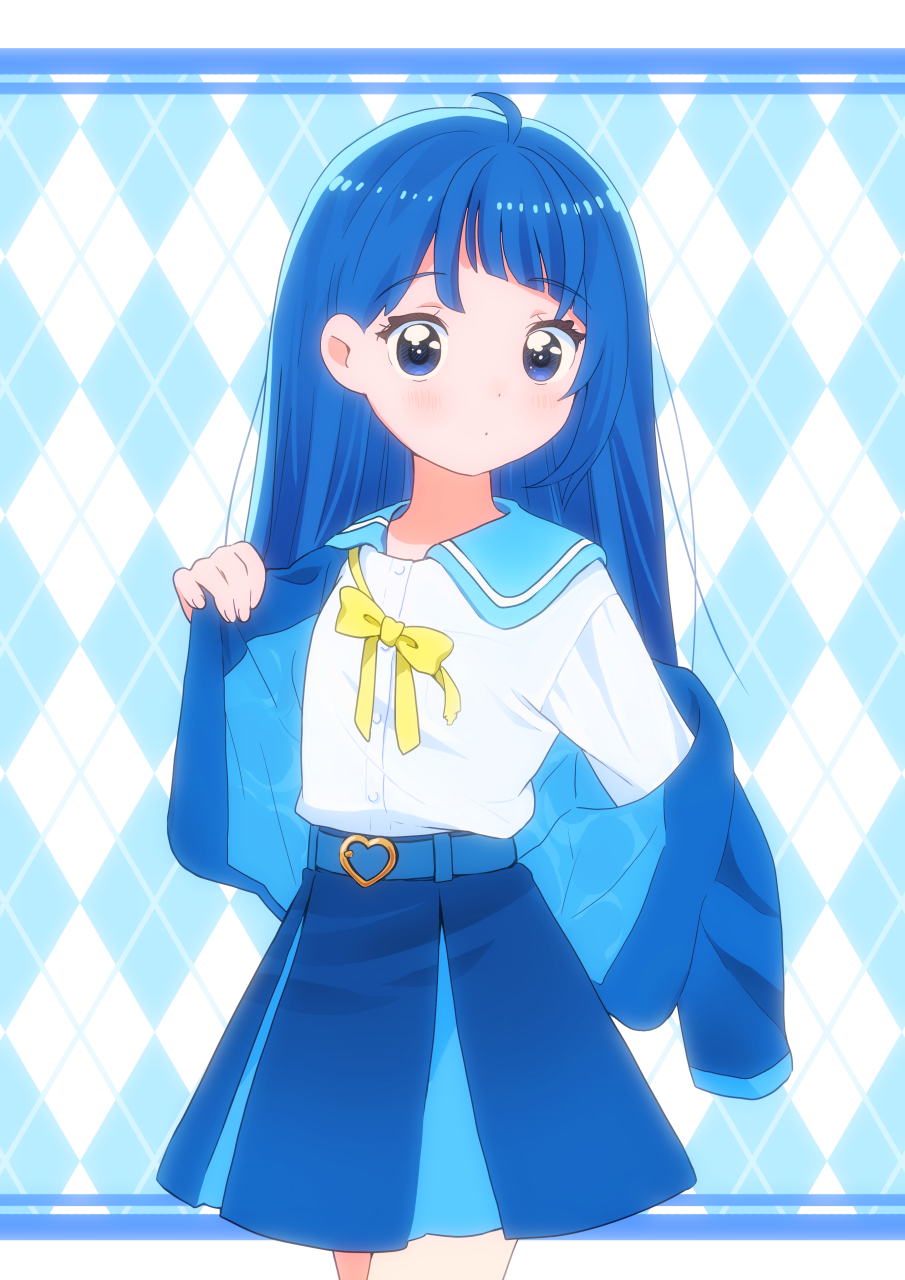 1girl alternate_hairstyle argyle_background belt blue_background blue_belt blue_eyes blue_hair blue_jacket blue_sailor_collar blue_skirt bow bowtie closed_mouth collared_shirt commentary_request cowboy_shot cut_bangs dressing hair_down highres hirogaru_sky!_precure jacket kyanos_(b_0000ff) light_frown long_hair looking_at_viewer miniskirt open_clothes open_jacket opened_by_self partial_commentary pleated_skirt precure sailor_collar school_uniform shirt single_sidelock skirt solo sora_harewataru sorashido_academy_school_uniform standing undone_bowtie white_shirt yellow_bow yellow_bowtie